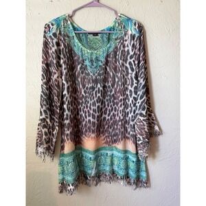 Mushka by Sienna Rose Leopard Paisley Fringe Tunic Top Brown Turquoise Medium